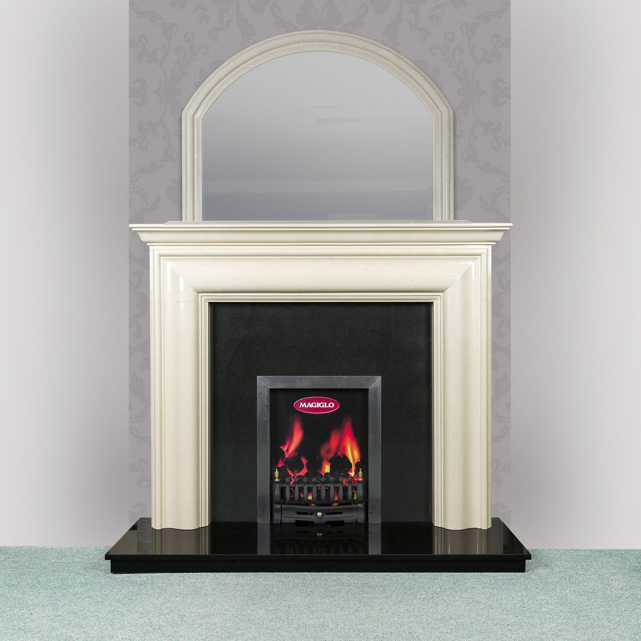 Image of Blake Fireplace in ivory pearl with a chrome trim for open fire