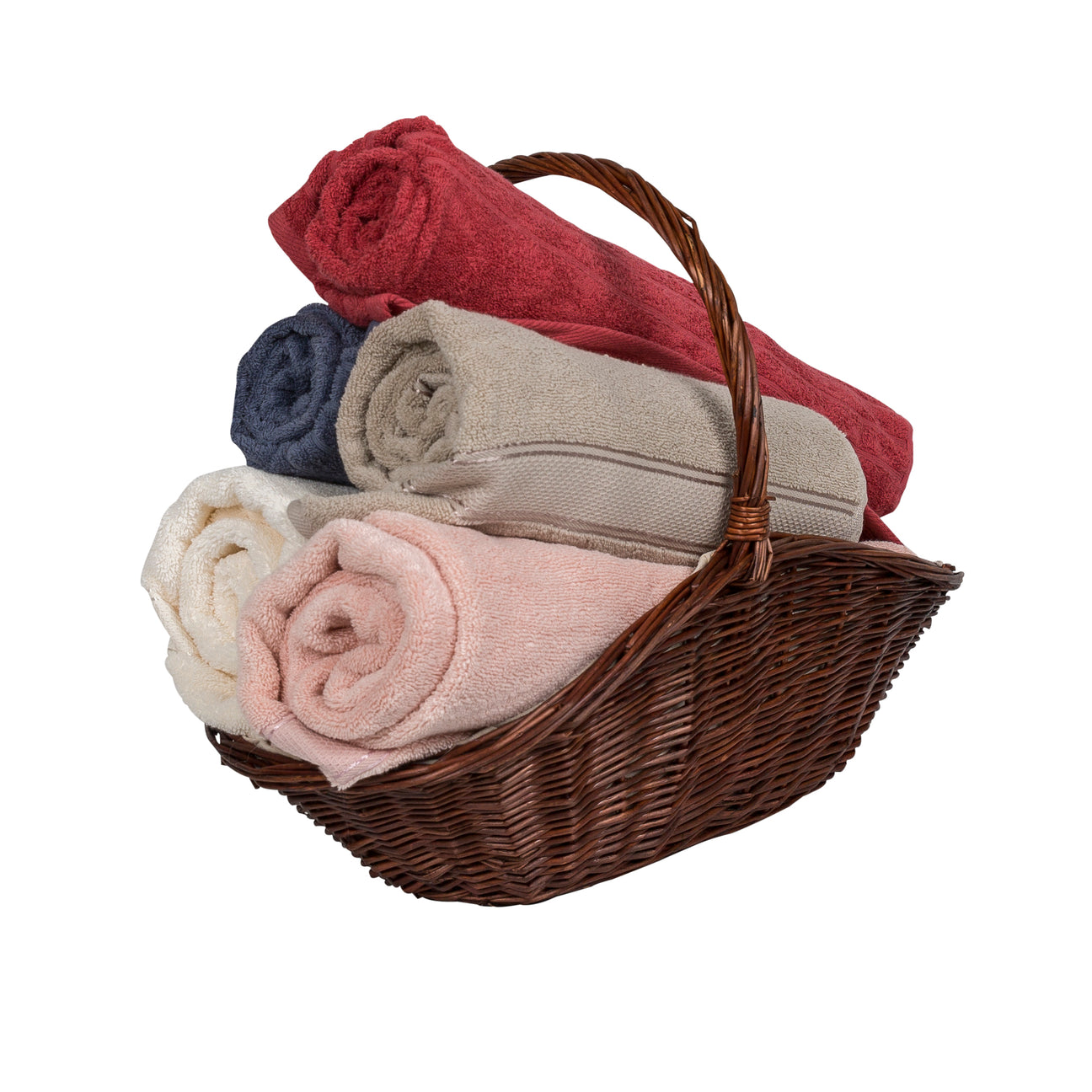 Image of Wicker basket holding an arrangement of towels