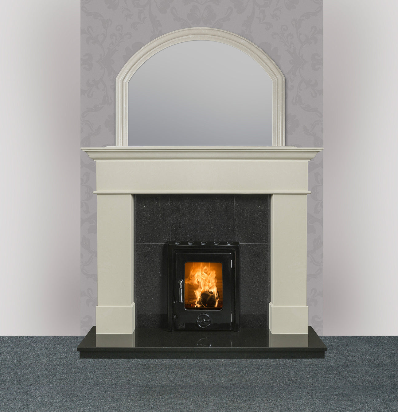 Image of Geraldton marble fireplace in ivory pearl finish with Kate insert stove enamel