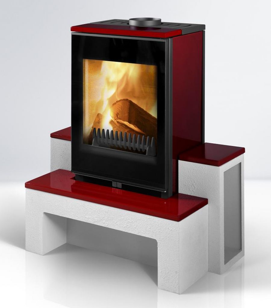 Image of Kimberley stove (red in colour) with fire lighting