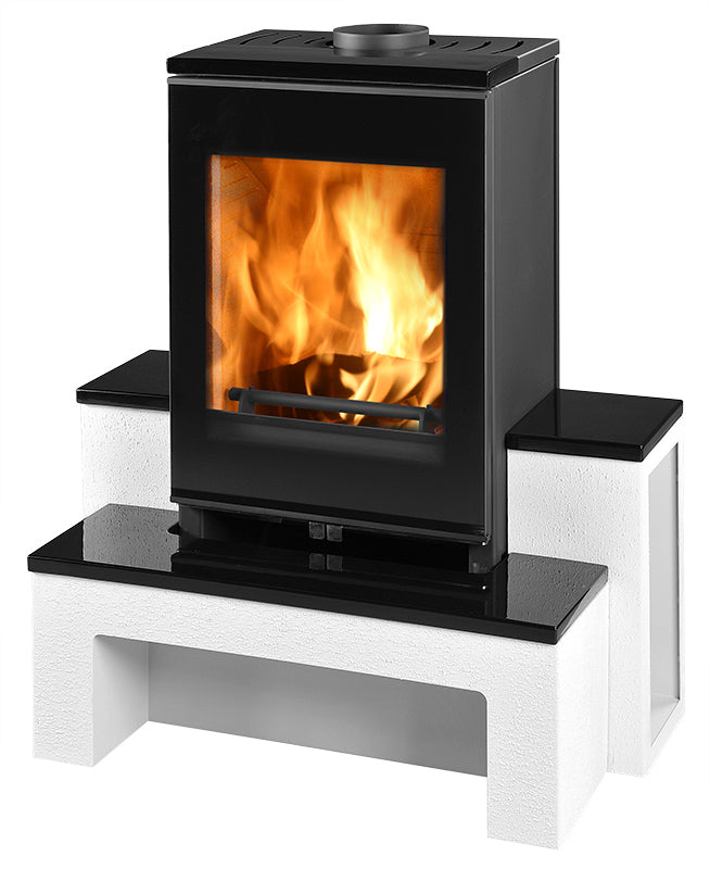 Image of Kimberley stove (black in colour) with fire lighting