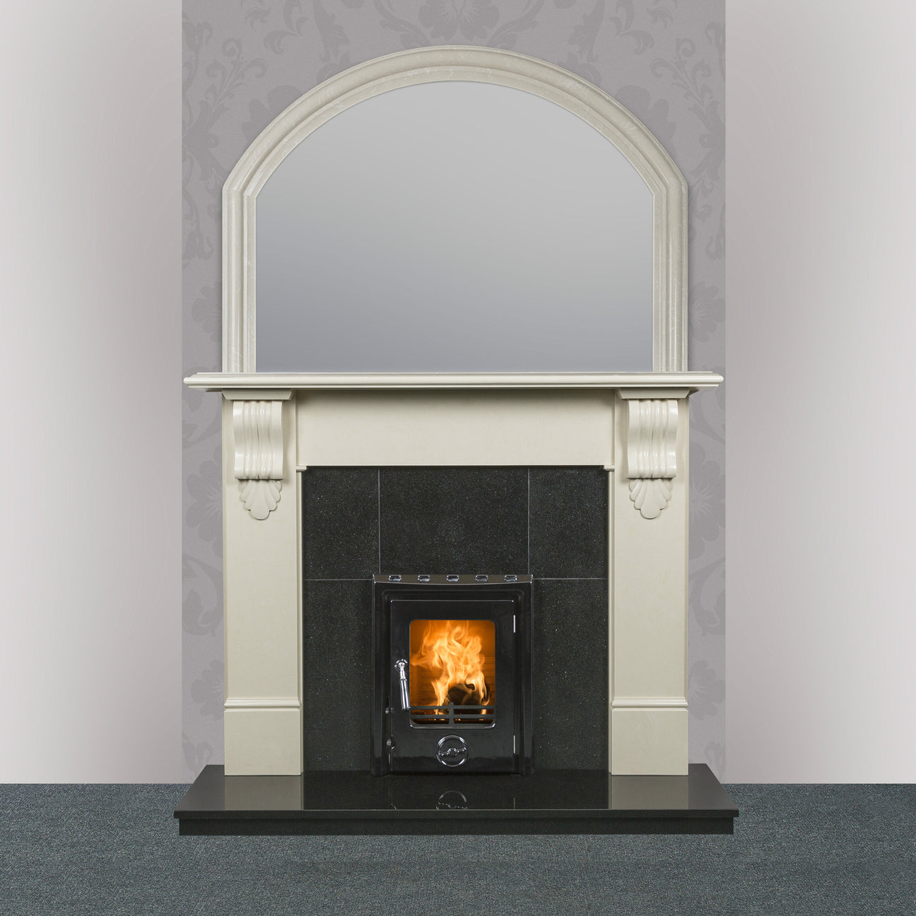 Image of Victoria Marble Fireplace in Ivory Pearl finish with Kate Insert stove in black enamel