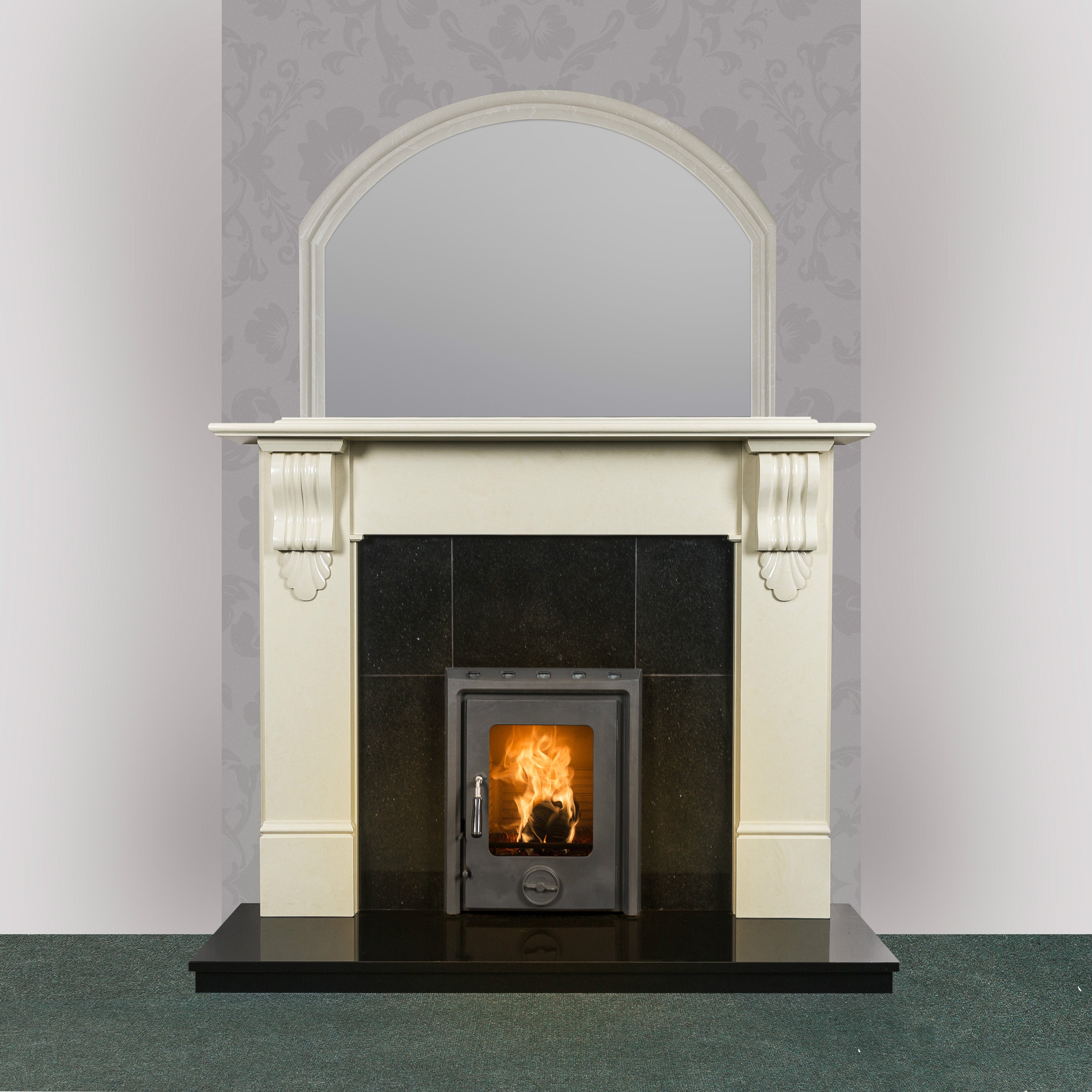 Image of Victoria Marble Fireplace in Ivory Pearl finish with Kate Insert stove in matt black