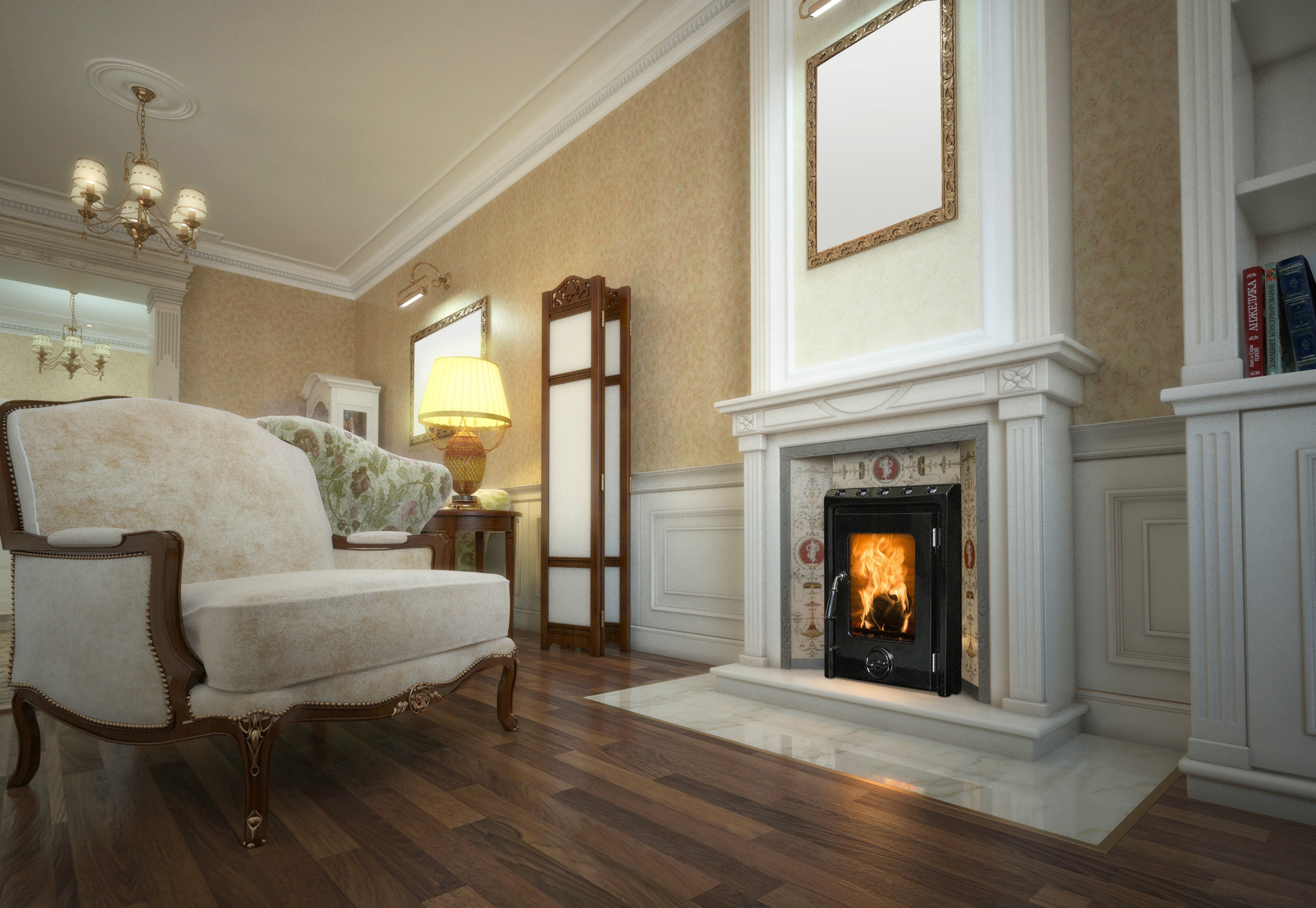 Side view photo of the Kate Enamel Stove in a sitting room; this is a non-boiler insert stove.