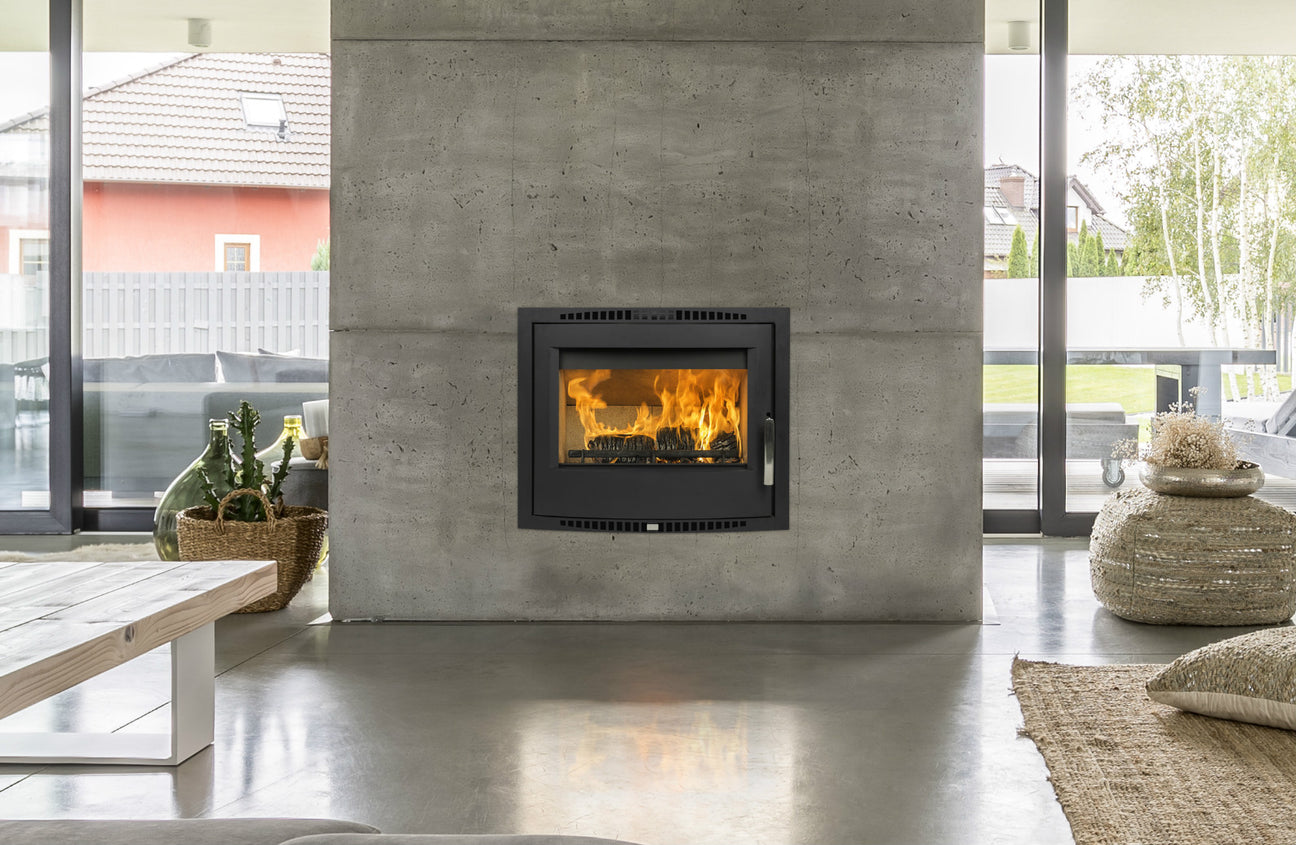 A Shannon Passive Eco stove shown in an airtight house boosts high efficiency, heat output 10 kW and contemporary look.